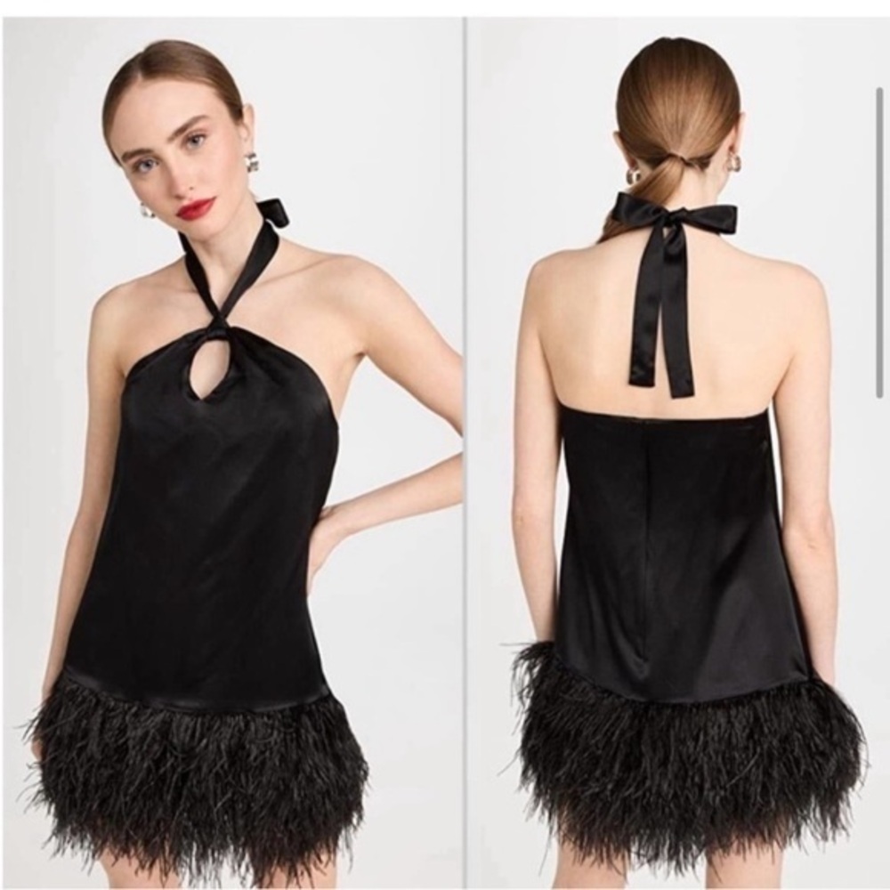 CINQ A SEPT Barb Feathered Silk Mini Halter Dress